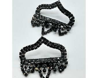 Signed MUSI Shoe Clips Black Rhinestones Vintage Silver Tone Crown Shaped Clips