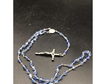 Blue Glass Beads Rosary Necklace Vintage ND de Paris Prayer Religious Jewelry