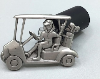 JJ Golf Cart Brooch Pewter Metal Lady Golfer Pin Costume Jewelry Designer Signed