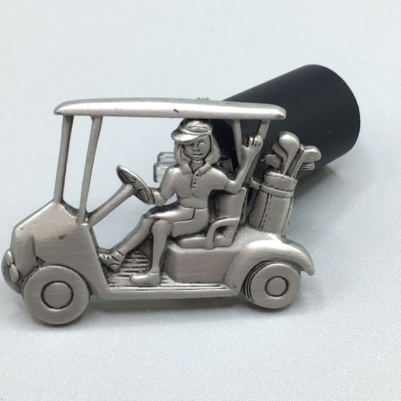 JJ Golf Cart Brooch Pewter Metal Lady Golfer Pin … - image 1