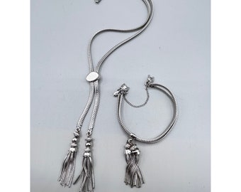 Monet Tassel Necklace & Bracelet Set Sliding Bolo Style Silver Tone 70s Jewelry