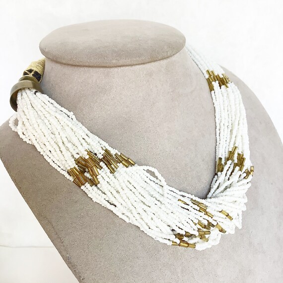 Beige Gold Bib Necklace Ethnic Boho Cream Ecru off White Multi String Circular Hoop Pendant