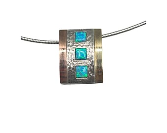 Sterling Silver Cable Chain Necklace With Sliding Blue Opal Pendant Geometric Square Design
