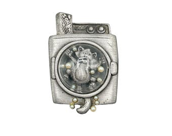 Vintage AJC Cat & Pearls Brooch Pin Playful Washing Machine Design Whimsical