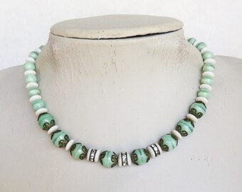 Aqua Green Glass Beads Necklace Retro Vintage Pastel Beads Choker Short Necklace