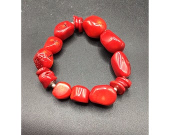 Vintage Dyed Coral Bracelet Bamboo Coral Dark Red Beaded Stretchy BARSE Signed