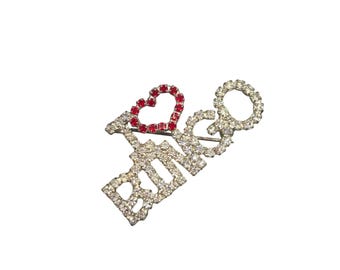 I love Bingo Rhinestones Pin Brooch Bingo Player Jewelry Red Heart Silver Tone