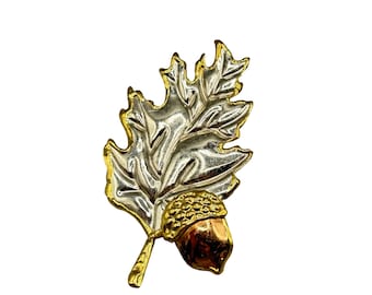 Oak Leaf Acorn Pin Brooch Brutalist Handcrafted Mixed Metals Oversized Signed SJ