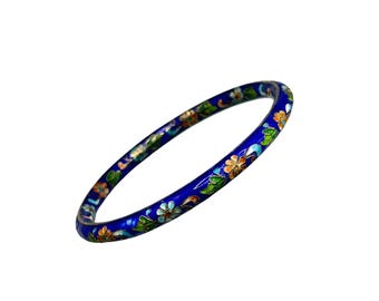 Vintage Blue Cloisonne Bangle Bracelet Oriental Floral Design