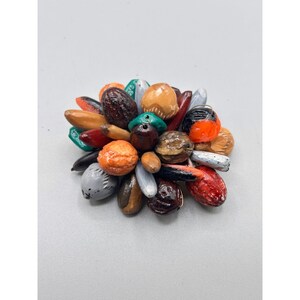 West Germany Fruit Nut Cluster Brooch Unusual Plastic Beads Colorful Hand Beaded