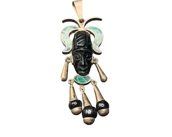Aztec Mayan Face Mask Pendant Carved Malachite Onyx Taxco Mexico Sterling Silver