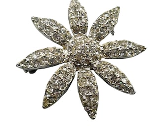 Vintage Flower Brooch Rhinestones Pave Silver Tone Sparkly Classic Elegant Pin