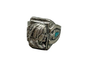 Native American Style Pewter Ring Size 10.5 Crushed Turquoise Inlay Indian Head