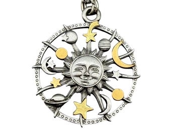 Vintage JJ Celestial Necklace Sun Moon And Stars Jonette Jewelry Pewter Gold Accents