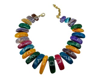 Statement Colorful Dyed Agate Necklace Bib Beaded Necklace Stone Flat Beads