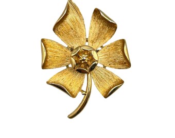Vintage Monet Gold Tone Stem Flower Brooch Pin Textured Brushed Metal