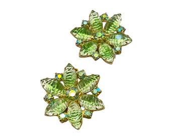 Vintage Rhinestones Earrings Green Molded Glass Clip On Earrings Flower Design