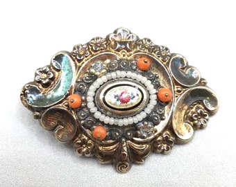 Antique Victorian Brooch Guilloche Flowers & Coral Beads Old C Clasp Eye Shaped