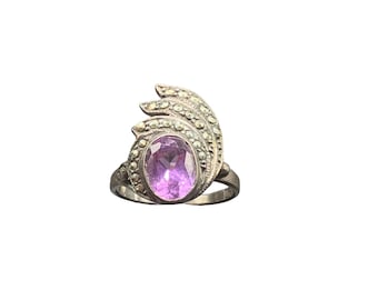 Vintage Amethyst Ring Sterling Silver Marcasite Rhinestone Ring Size 6.75