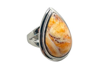 Orange Agate Ring Size 5 Sterling Silver 925 Real Agate Gemstone Teardrop Ring
