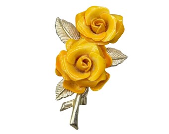 Yellow Roses Pin Brooch Gold Tone Vintage Flower Power Pin Double Roses