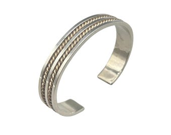 Solid STERLING SILVER Cuff Bracelet 925 OPS Signed With Gold Filled Twisted Rope Details