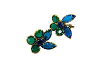 Green & Blue Open Back Bezel Set Glass Earrings Clip On Vintage Colorful Clips