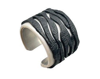 Artist Signed Polymer Clay Cuff Bracelet Black & White Striped Handmade Jewelry