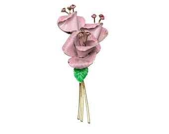 Vintage Enamel Flowers Pin Brooch Pink Roses With Rhinestones Pistils Flower Power Pin