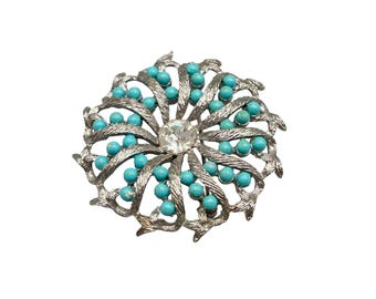 Vintage Silver-Tone Rhinestone Pinwheel Brooch With Faux Turquoise Ballotini