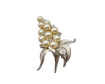 Vintage Flower with Pearls Pin Brooch Silver Tone and Rhinestones Classy Pin