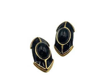 Vintage Black Clip On Earrings Gold Tone Black Enamel Elongated Geometric Design