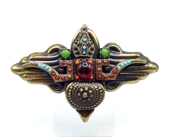 Egyptian Revival Brooch Brass Tone and Colorful Red Turquoise Green Faux Stones