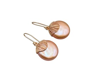 14K Rose Gold Earrings With Peachy Pink Color Genuine Pearls RCI Italy