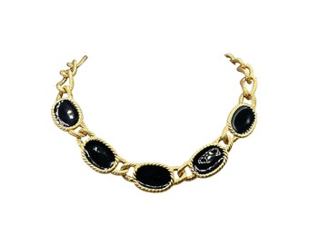 Signed NAPIER Gold Tone Necklace With Black Enamel Links Gold Tone