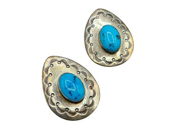 NATIVE AMERICAN Sterling Silver Turquoise Earrings Pierced Studs Large Drop Shaped