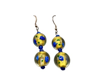Vintage Art Glass Beaded Earrings Gold and Blue Beads Sterling Silver Hooks