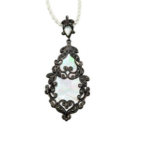 Vtg Sterling Silver & Marcasite Pendant Necklace Mother of Pearl Drop Pendant