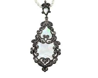 Vtg Sterling Silver & Marcasite Pendant Necklace Mother of Pearl Drop Pendant
