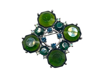 Vintage 90s Green Pin Brooch Acrylic Rhinestones Gun Metal Color