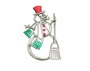 Vintage Signed JJ Snowman Christmas Holiday Brooch Pin Pewter & Enamel Red Green