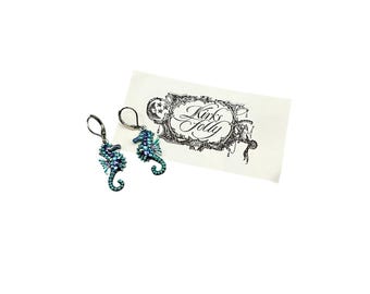 KIRKS FOLLY Seahorse Earrings Lever Back Dangles Drops Blue Aurora Borealis Rhinestones