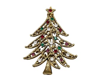 Christmas Tree Pin Brooch Gold Tone And Rhinestones Holiday Jewelry Red Green White
