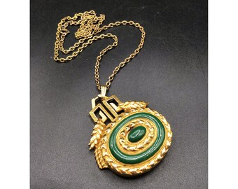 Moon Drop Solid Perfume Pendant Necklace Gold Tone & Green Enamel Compact Locket