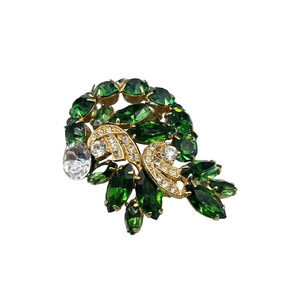 Signed WEISS Green Gold Rhinestone Brooch Layered Pin Designer Costume Jewelry