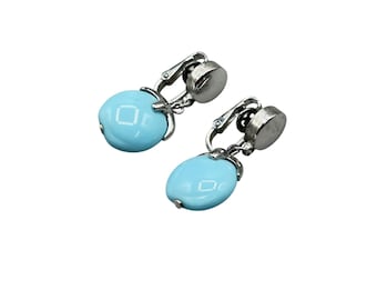 Vintage TRIFARI Clip On Earrings Blue Beaded Dangles Silver Tone Lentil Beads