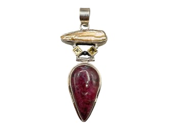 Sterling 925 Pendant Red Semi Precious Stone Freshwater Pearl & Citrine Accents