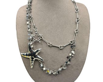 Asymmetrical Star Necklace Silver Tone Loaded With Star Charms Fun Unusual Necklace