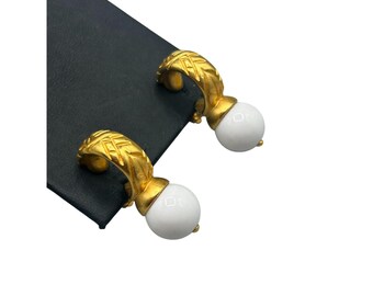 Vintage Matte Gold Tone Clip On Earrings White Ball Drops Small Hoops