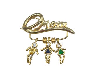 Vintage MOM Charms Holder Pin Brooch With 3 Children Charms Signed KIS